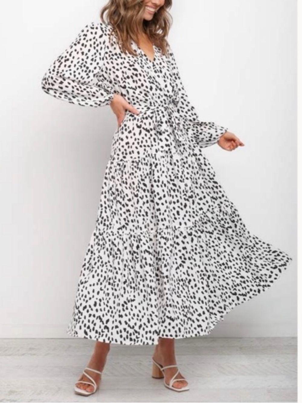 Petal & Pup Hyde Cheetah Tie Waist V-Neck Long Sleeve Maxi Dress 6 White Black